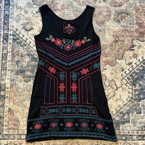 Johnny Was Black Dress with Colorful Embroidery Boho